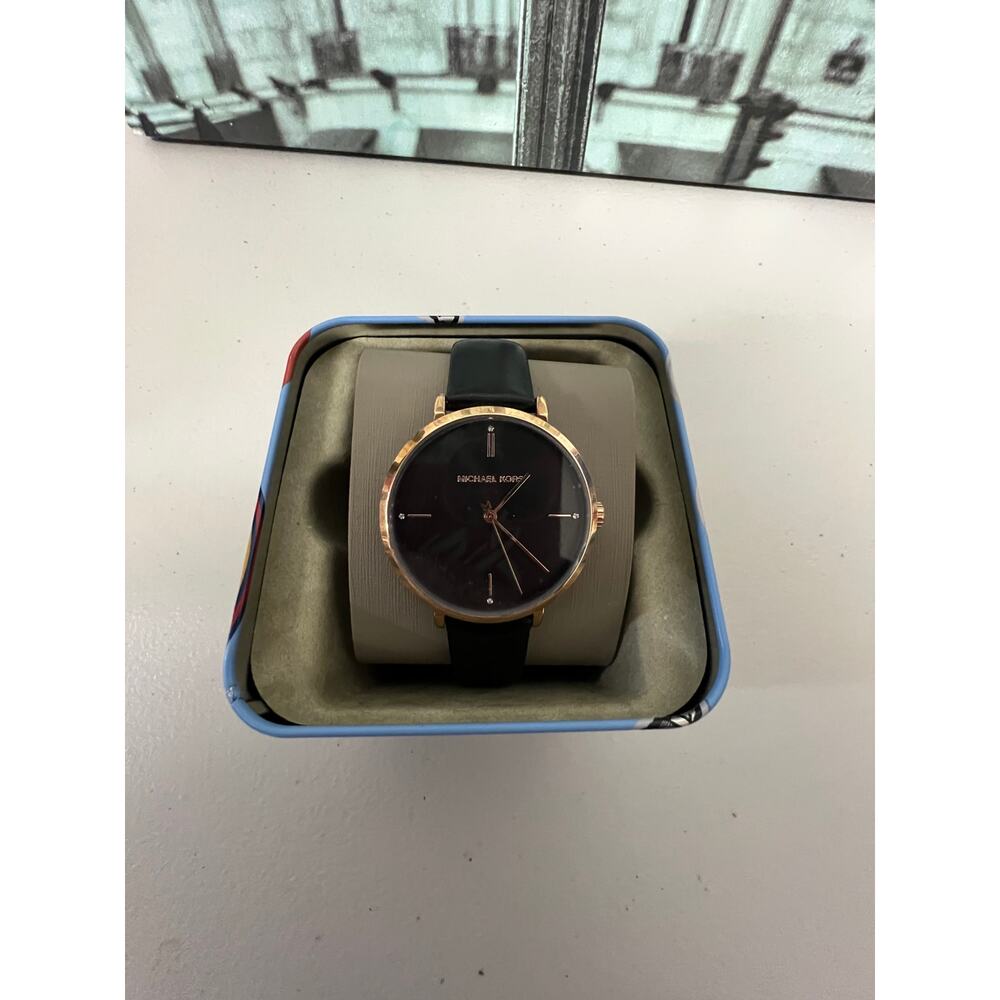 Michael Kors MK7101 Women's Black Dial Gold Tone Black Leather Strap Watch